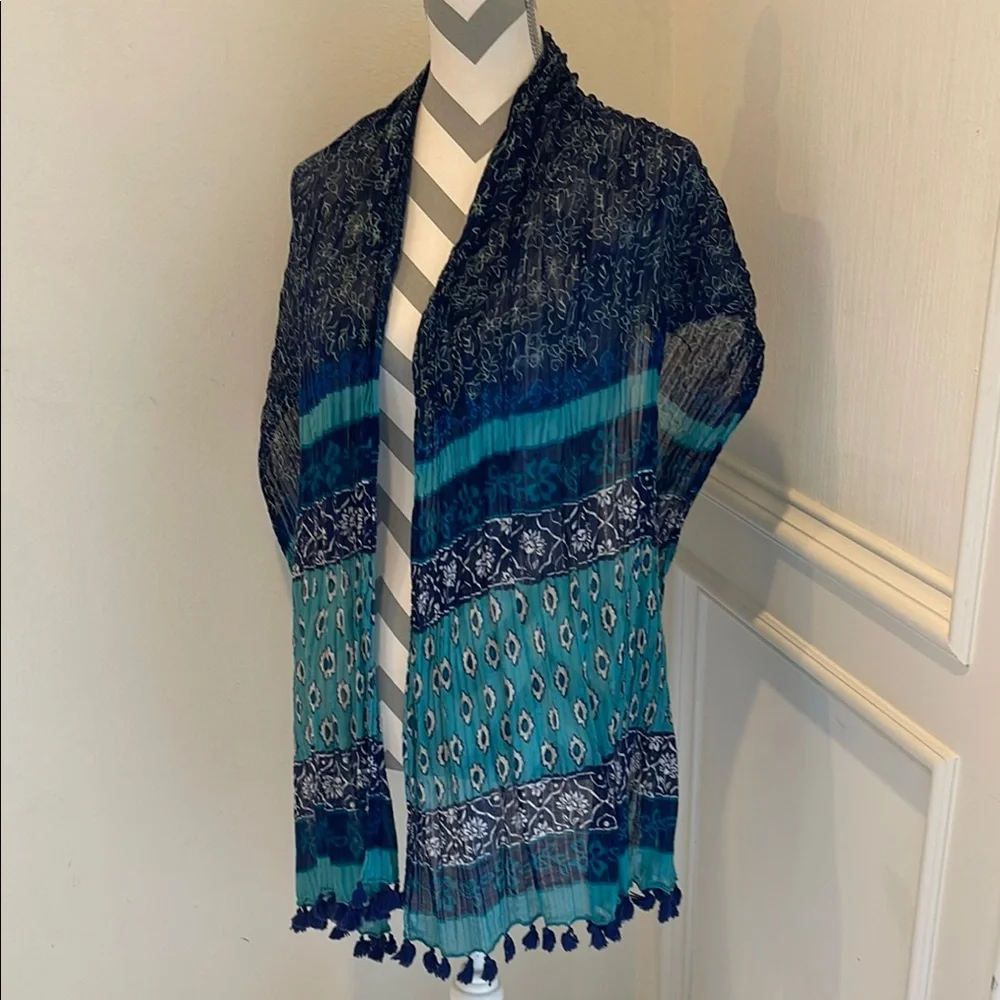 Stunning Blue & Teal Women's Patterned Fashion Scarf Wrap With Tassels One Size